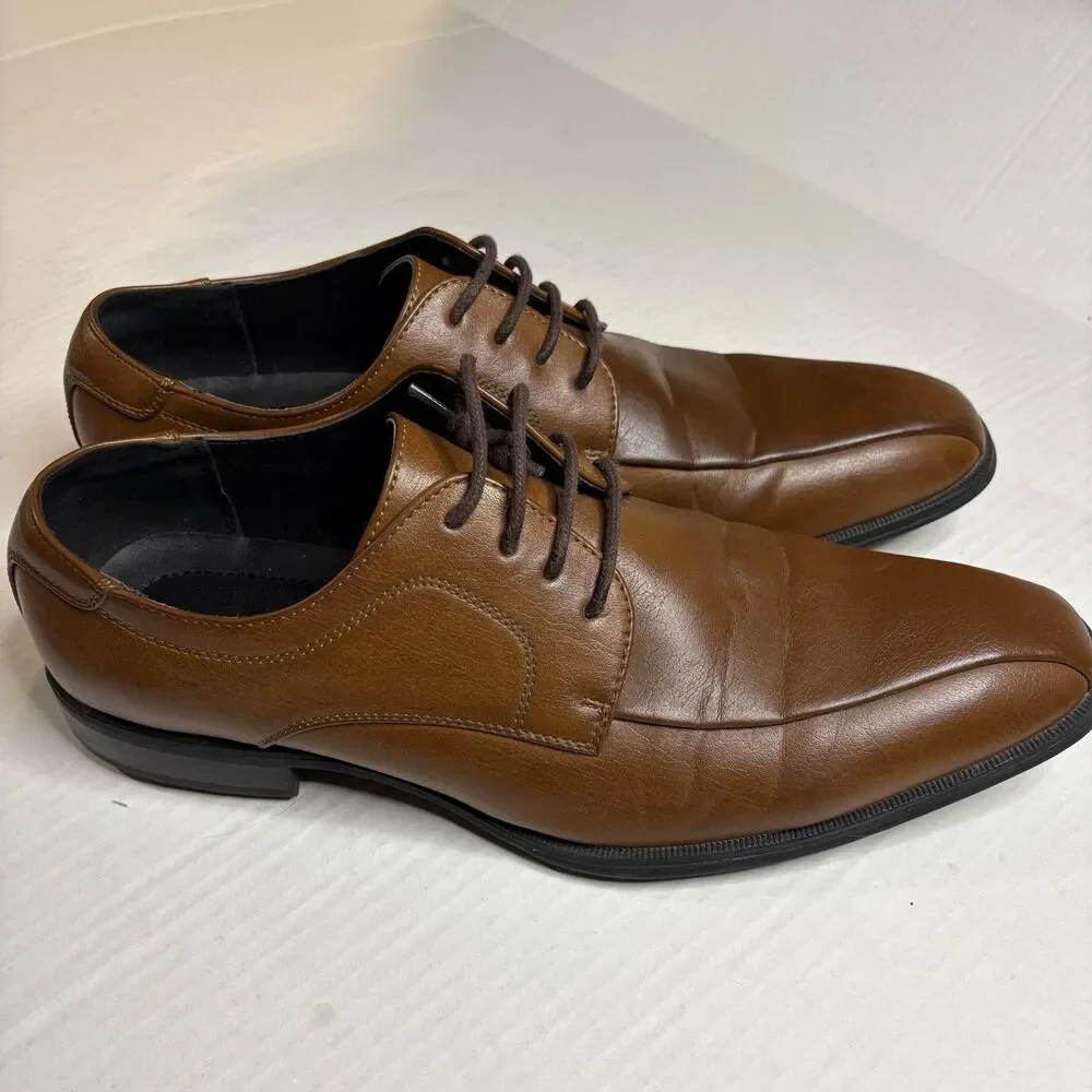 Alfani Mens Seth Cognac Brown Faux Leather Derby Dress Shoes 9.5M 42101